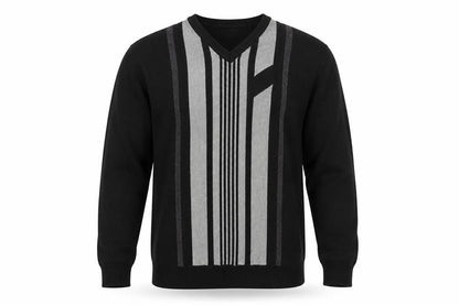 Greenwoods Mens Black Grey V-Neck Geometric Knit Jumper M