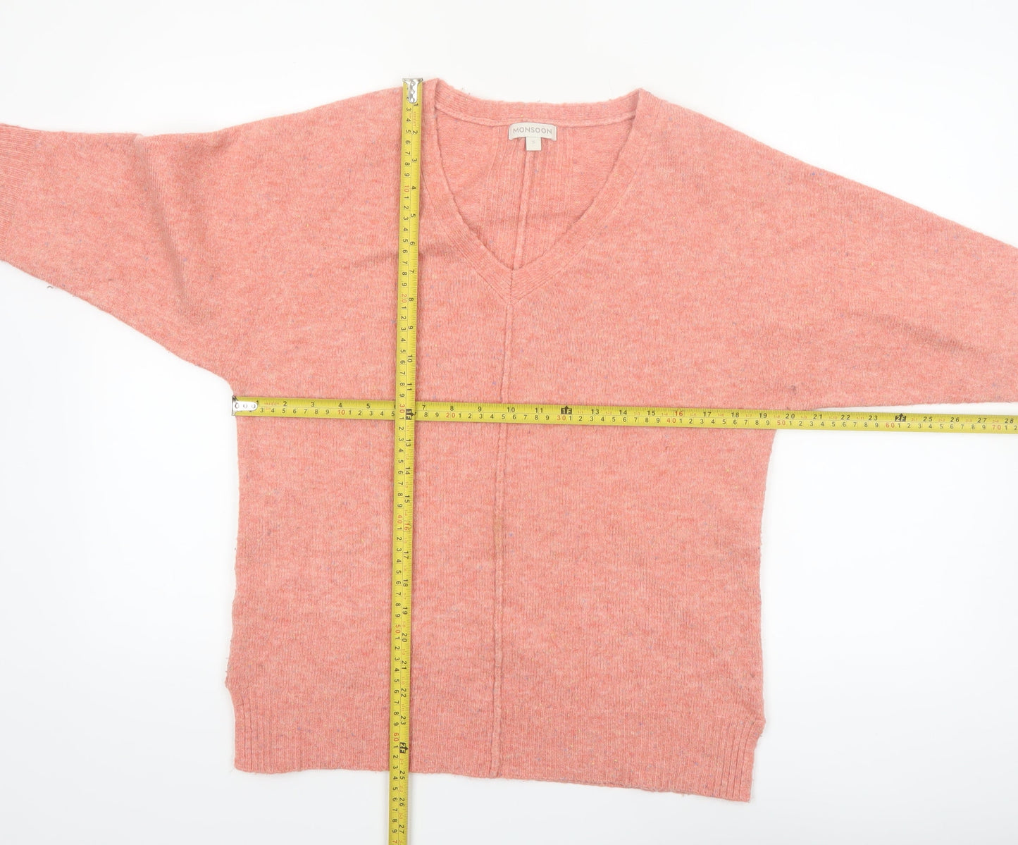 Monsoon Women Pink V-Neck 3/4 Sleeve Knit Pullover Jumper Size S