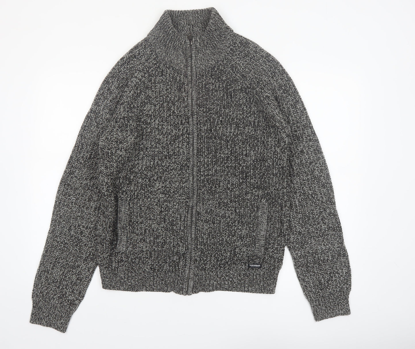 Threadbare Men's Grey Chunky Full Zip High Neck Jumper Size M