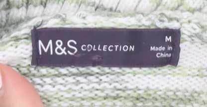 Marks and Spencer Women's Green Striped Roll Neck Jumper Size M