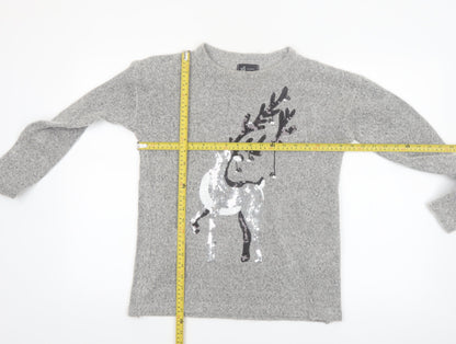 Reserved YFL Womens Grey Sequin Reindeer Christmas Jumper Size M
