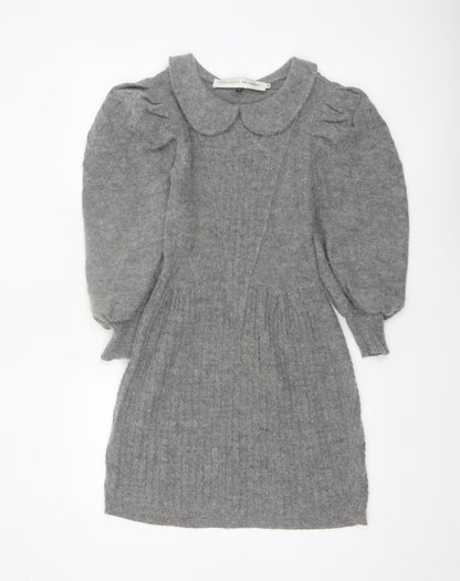 Topshop Women’s Grey Knit Jumper Dress XS Long Puff Sleeve Collared