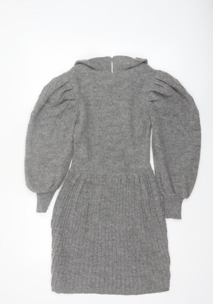 Topshop Women’s Grey Knit Jumper Dress XS Long Puff Sleeve Collared