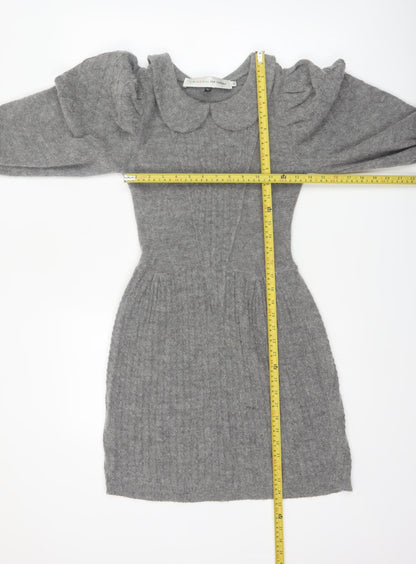 Topshop Women’s Grey Knit Jumper Dress XS Long Puff Sleeve Collared