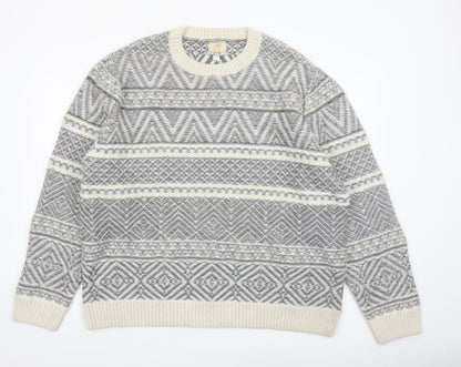 River Island Men Grey White Crew Neck Wool Blend Pullover Jumper XXL