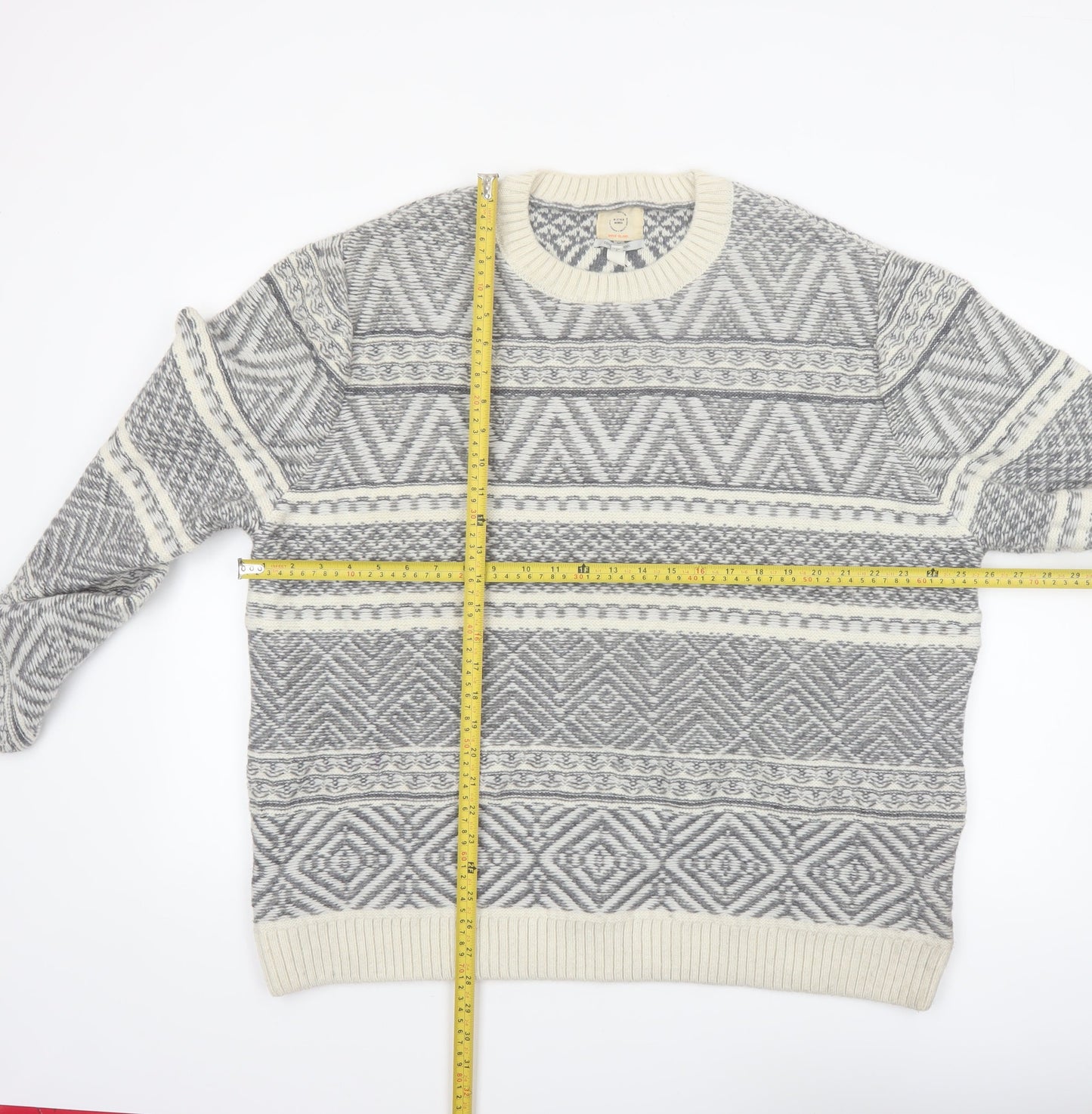 River Island Men Grey White Crew Neck Wool Blend Pullover Jumper XXL