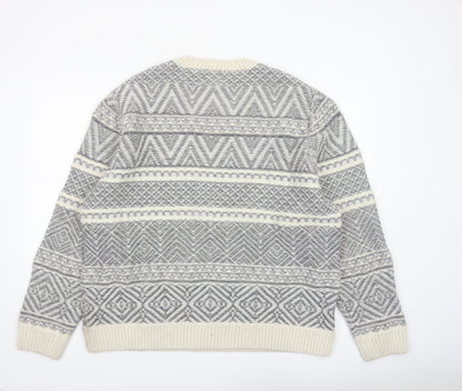 River Island Men Grey White Crew Neck Wool Blend Pullover Jumper XXL