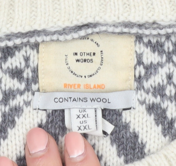 River Island Men Grey White Crew Neck Wool Blend Pullover Jumper XXL