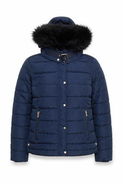 Red Chilli Women’s Blue Hooded Puffer Jacket Size 10 Fur Trim Winter Coat