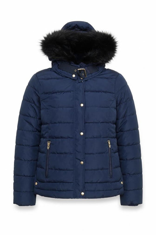 Red Chilli Women’s Blue Hooded Puffer Jacket Size 10 Fur Trim Winter Coat