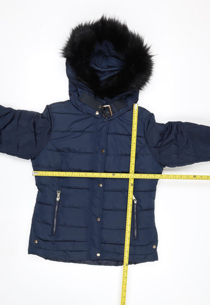 Red Chilli Women’s Blue Hooded Puffer Jacket Size 10 Fur Trim Winter Coat