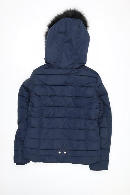Red Chilli Women’s Blue Hooded Puffer Jacket Size 10 Fur Trim Winter Coat