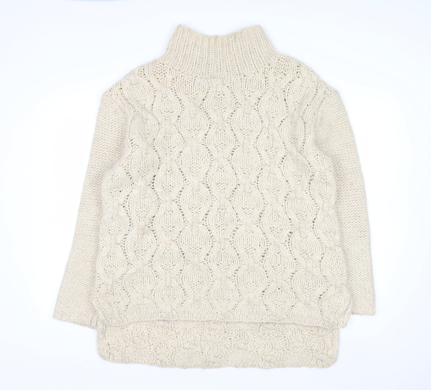 H&M Women Beige Cable-Knit Wool Blend Roll Neck Jumper Size 14 L