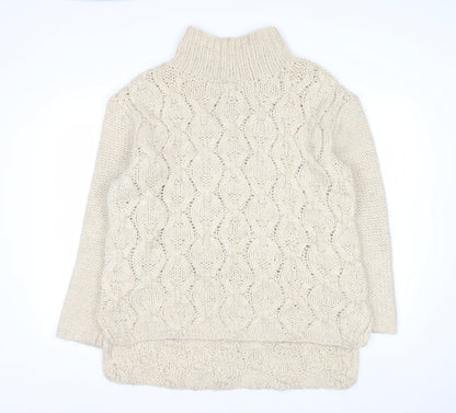 H&M Women Beige Cable-Knit Wool Blend Roll Neck Jumper Size 14 L