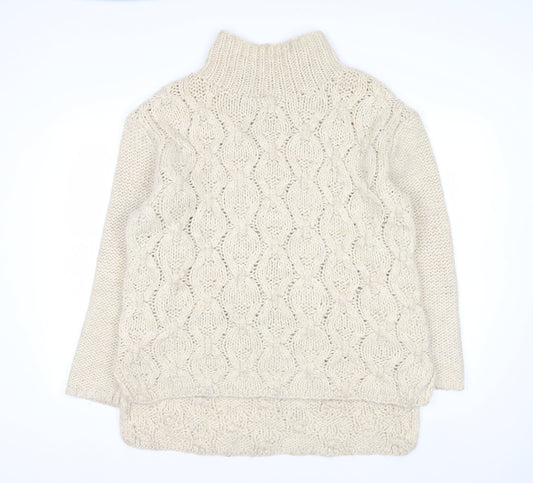 H&M Women Beige Cable-Knit Wool Blend Roll Neck Jumper Size 14 L
