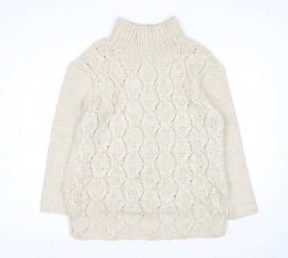H&M Women Beige Cable-Knit Wool Blend Roll Neck Jumper Size 14 L