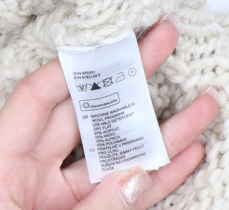 H&M Women Beige Cable-Knit Wool Blend Roll Neck Jumper Size 14 L