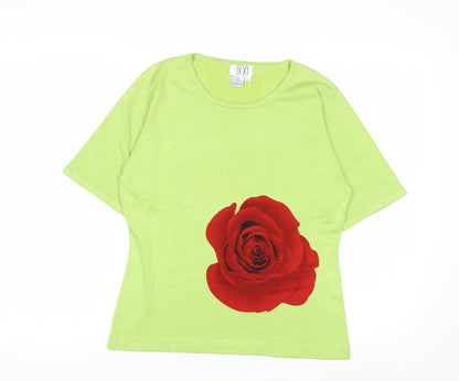 DON Womens Green Silk Blend Rose Print Short Sleeve Pullover Jumper L