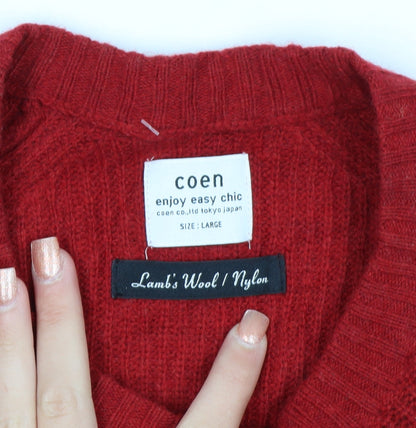 Coen Men's Red Lamb's Wool Knit Crew Neck Jumper Size L