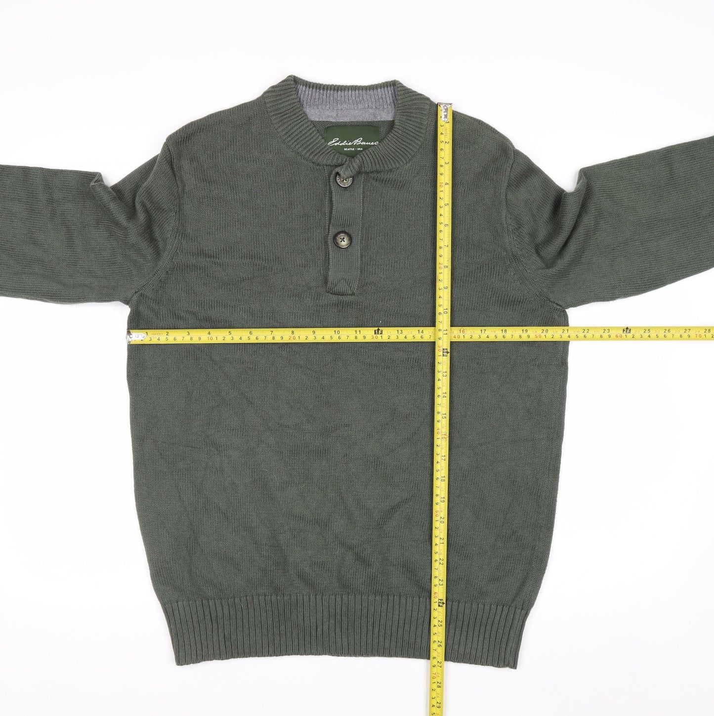 Eddie Bauer Men's Green Cotton Henley Jumper Size M
