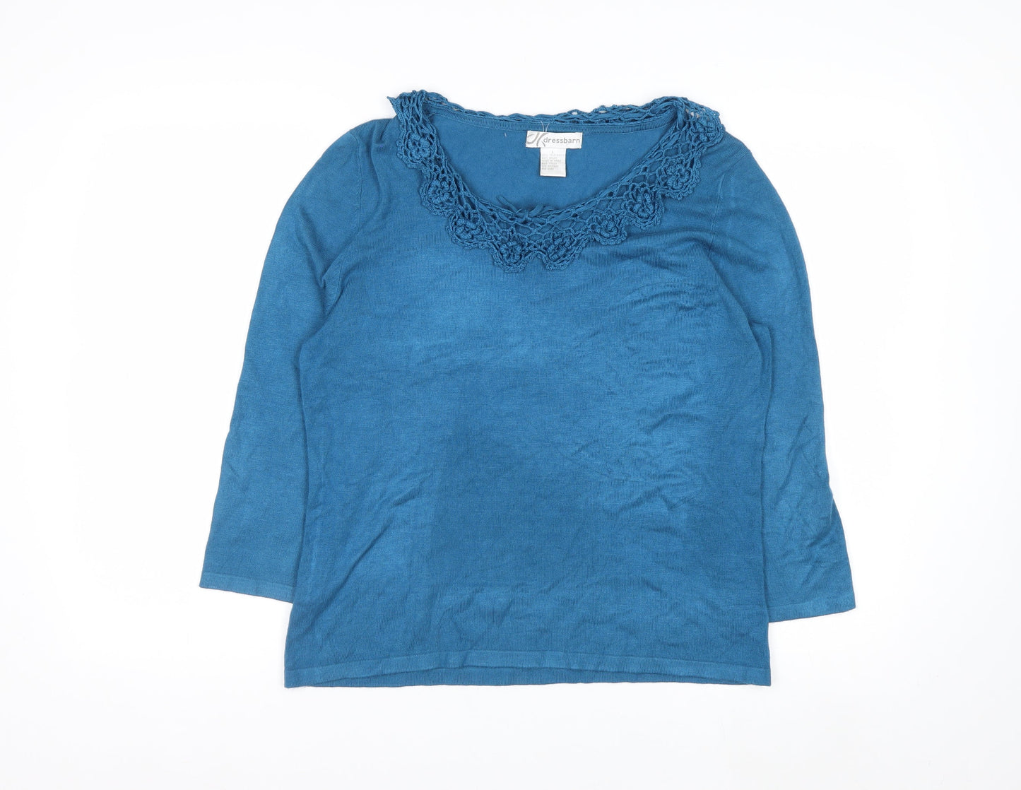 Dressbarn Women Blue L Crochet Neck 3/4 Sleeve Pullover Jumper