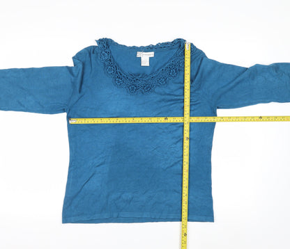 Dressbarn Women Blue L Crochet Neck 3/4 Sleeve Pullover Jumper