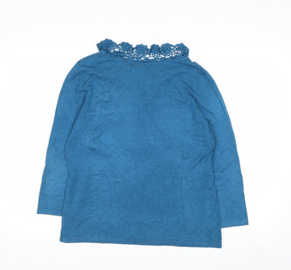 Dressbarn Women Blue L Crochet Neck 3/4 Sleeve Pullover Jumper