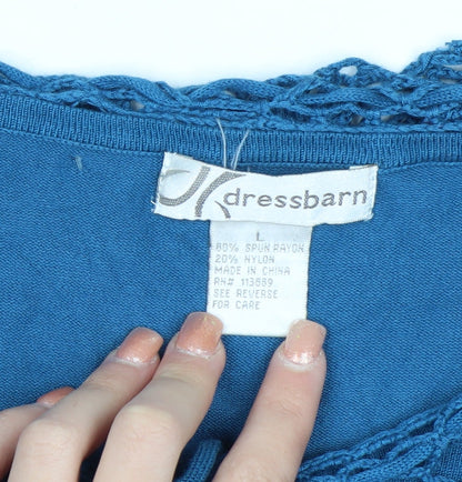 Dressbarn Women Blue L Crochet Neck 3/4 Sleeve Pullover Jumper