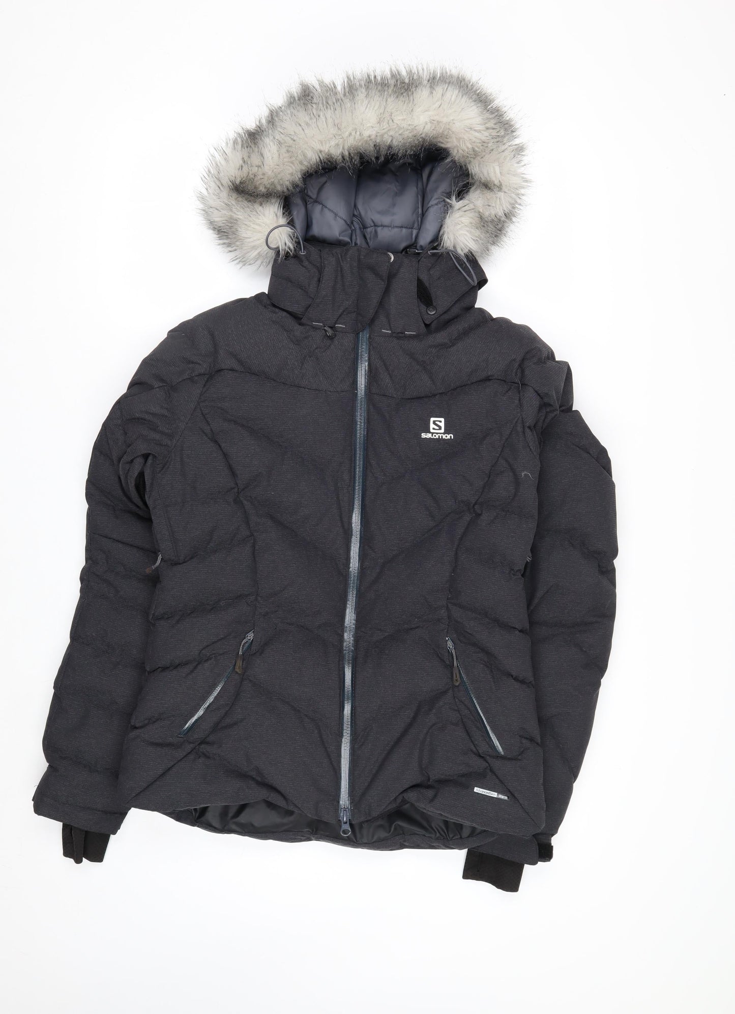 Salomon Women's Black S Waterproof Puffer Ski Jacket with Fur Hood