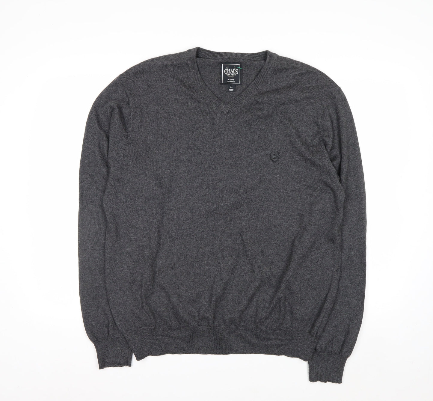 Chaps Men’s Grey Cotton Cashmere V-Neck Pullover Jumper L