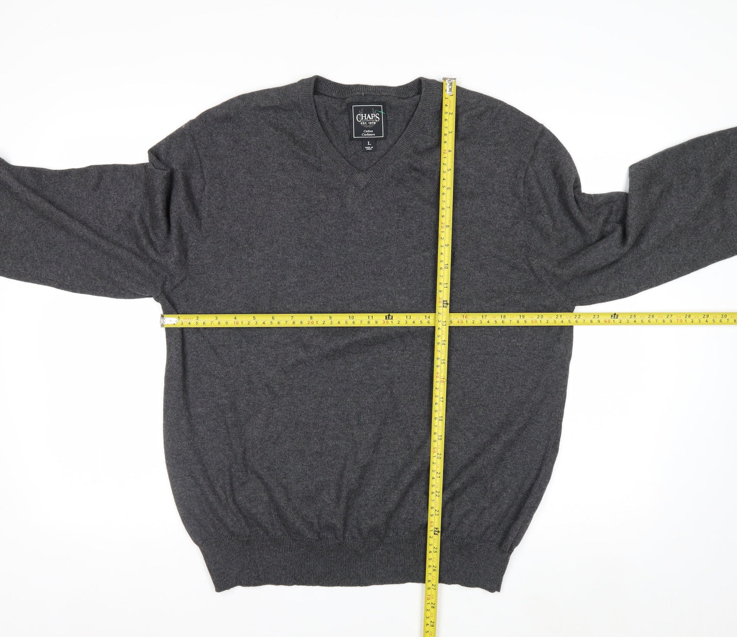 Chaps Men’s Grey Cotton Cashmere V-Neck Pullover Jumper L