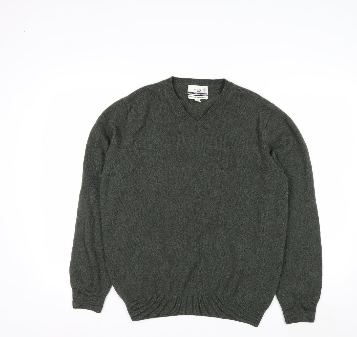 Marks and Spencer Men's Green Wool V-Neck Jumper Size L