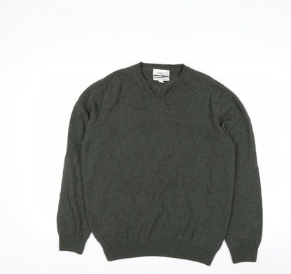 Marks and Spencer Men's Green Wool V-Neck Jumper Size L