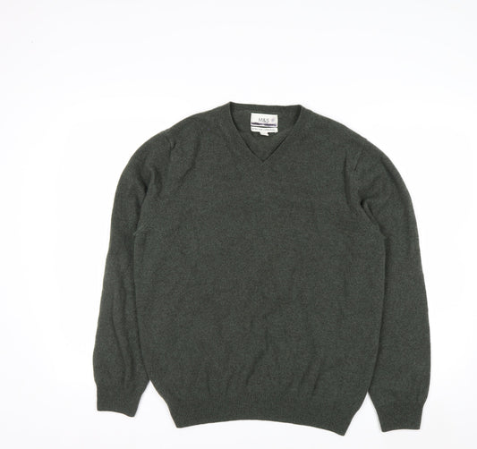 Marks and Spencer Men's Green Wool V-Neck Jumper Size L