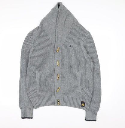 Nautica Men's Grey Cotton Chunky-Knit Shawl Collar Cardigan M