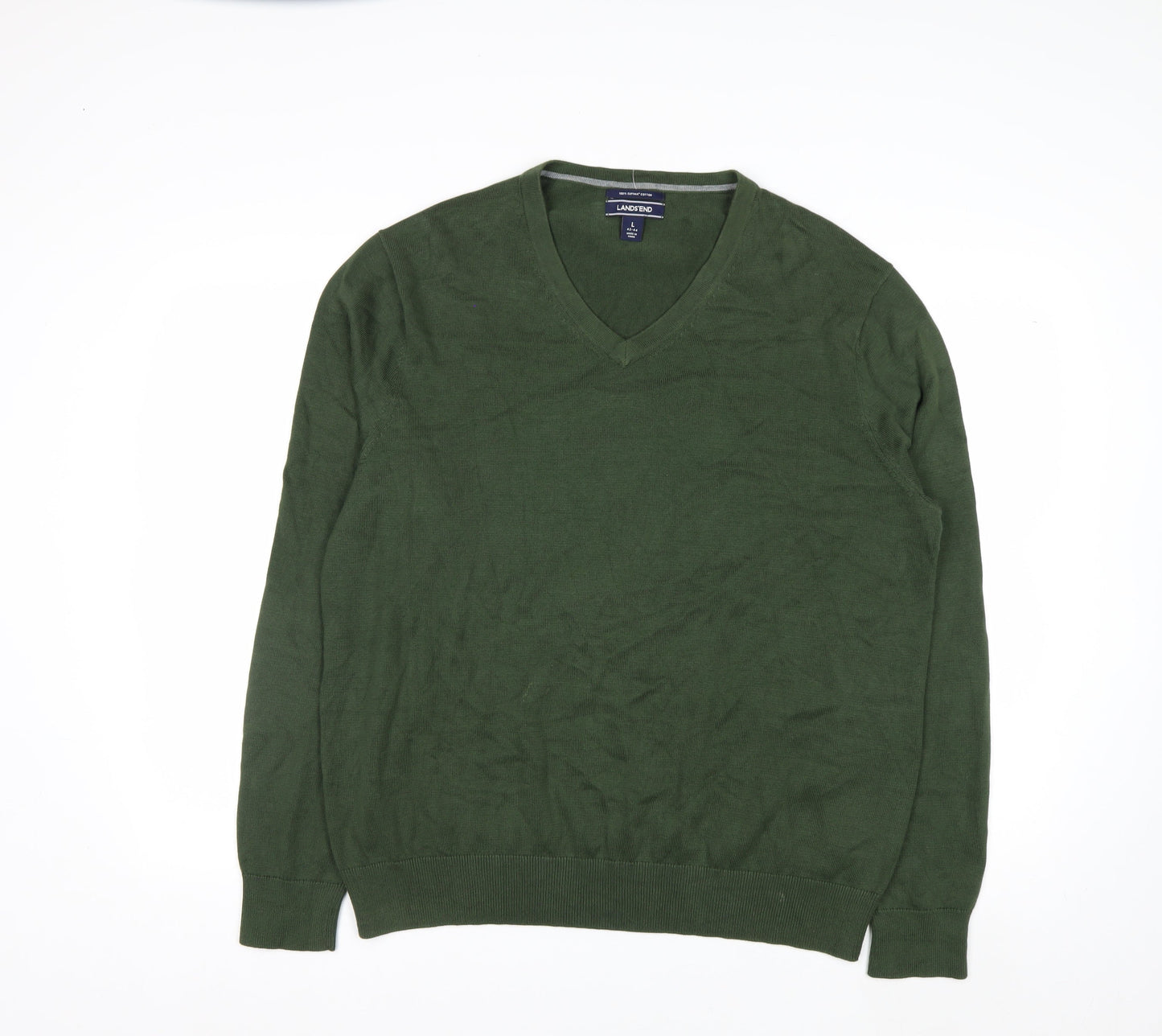 Lands' End Men's Green Cotton V-Neck Jumper Size L