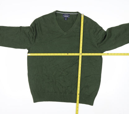 Lands' End Men's Green Cotton V-Neck Jumper Size L