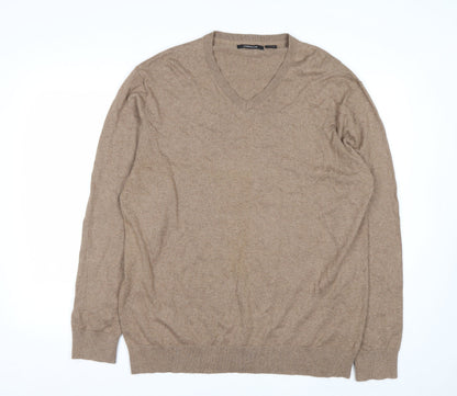 Claiborne Men's Beige V-Neck Cotton Cashmere Jumper XL