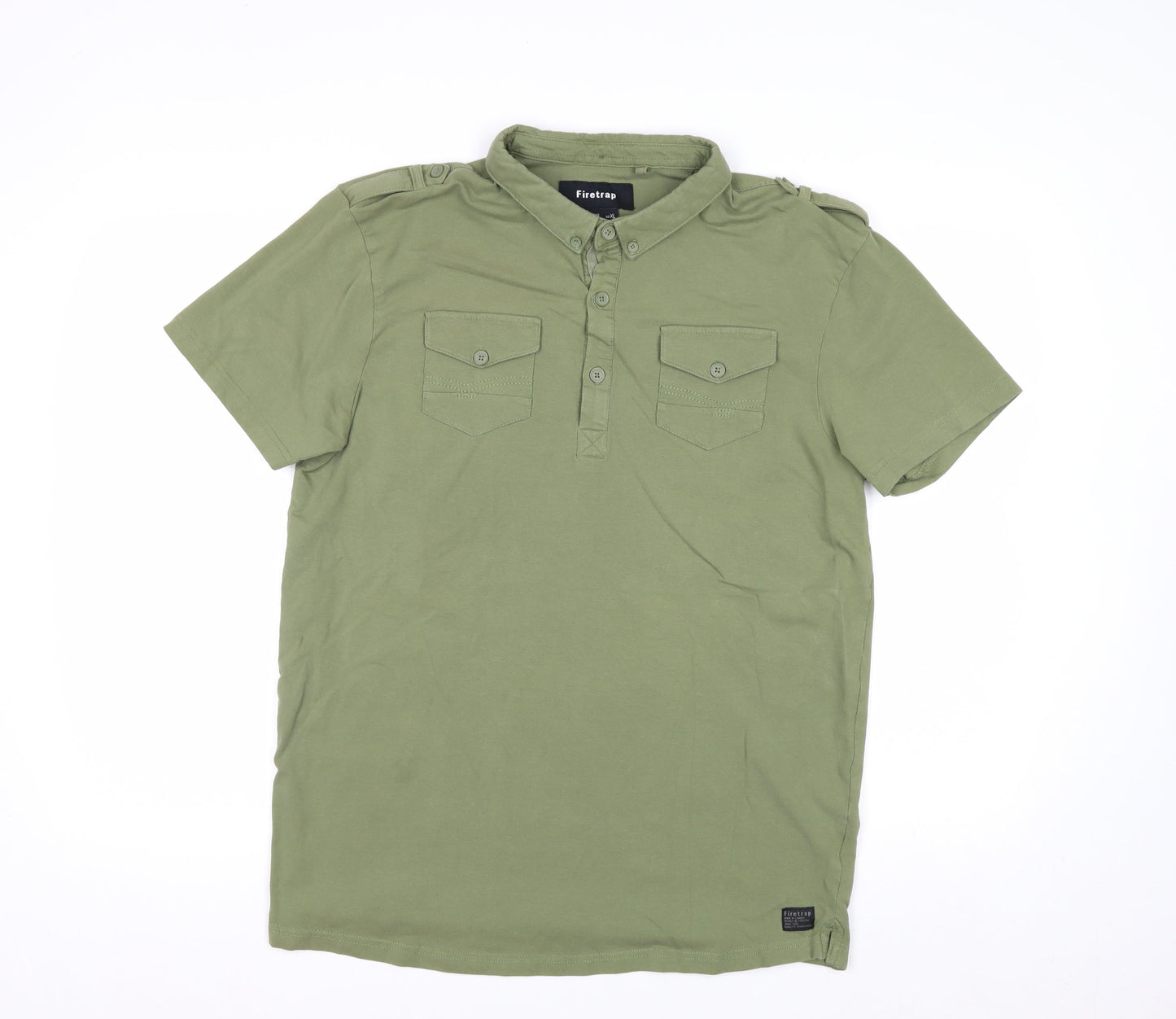 Firetrap Men's Green XL Henley Button-Up Short Sleeve Casual Shirt