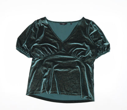Next Women's Green Velvet V-Neck Puff Sleeve Tunic Blouse Size 16