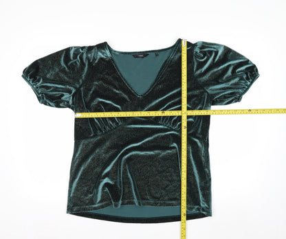 Next Women's Green Velvet V-Neck Puff Sleeve Tunic Blouse Size 16