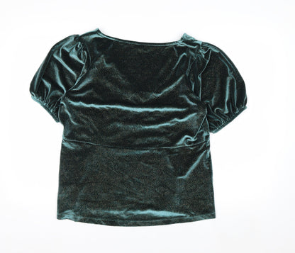 Next Women's Green Velvet V-Neck Puff Sleeve Tunic Blouse Size 16