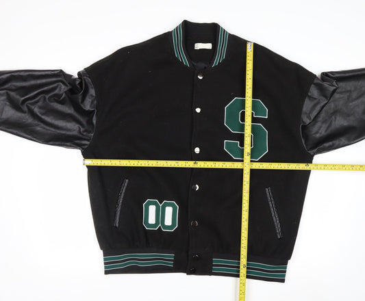 STYLE GANG Men's Black Varsity Jacket L Wool & Faux Leather Retro