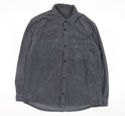 Zara Womens Grey Corduroy Button-Up Shirt Size 14 Long Sleeve
