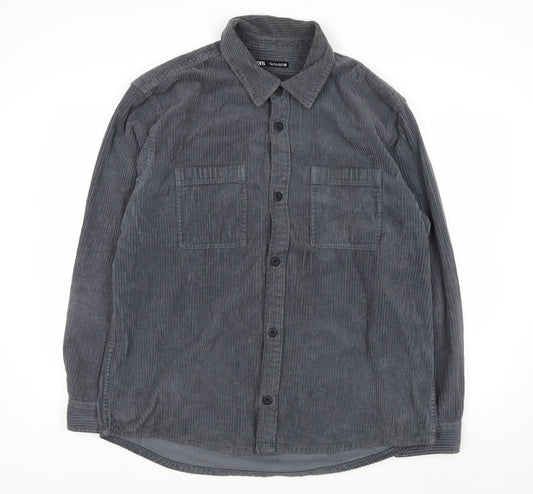 Zara Womens Grey Corduroy Button-Up Shirt Size 14 Long Sleeve