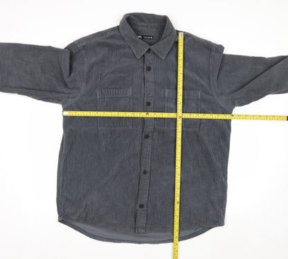 Zara Womens Grey Corduroy Button-Up Shirt Size 14 Long Sleeve