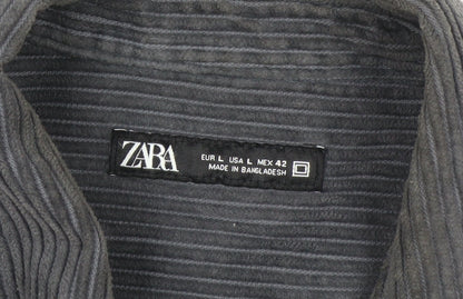 Zara Womens Grey Corduroy Button-Up Shirt Size 14 Long Sleeve