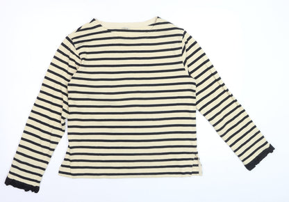Jigsaw Women Beige Striped Long Sleeve Cotton Boat Neck Top S