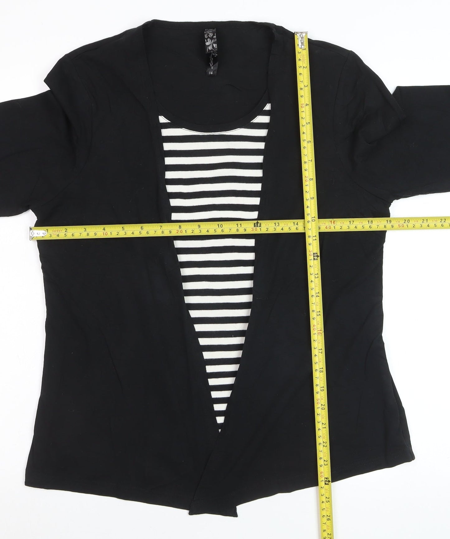 Asoy Women Black Size 14 Cardigan with Striped Mock Insert