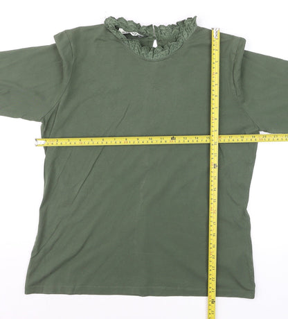 Baukjen Women’s Green Lace Trim High Neck Long Sleeve Cotton Blouse UK 14